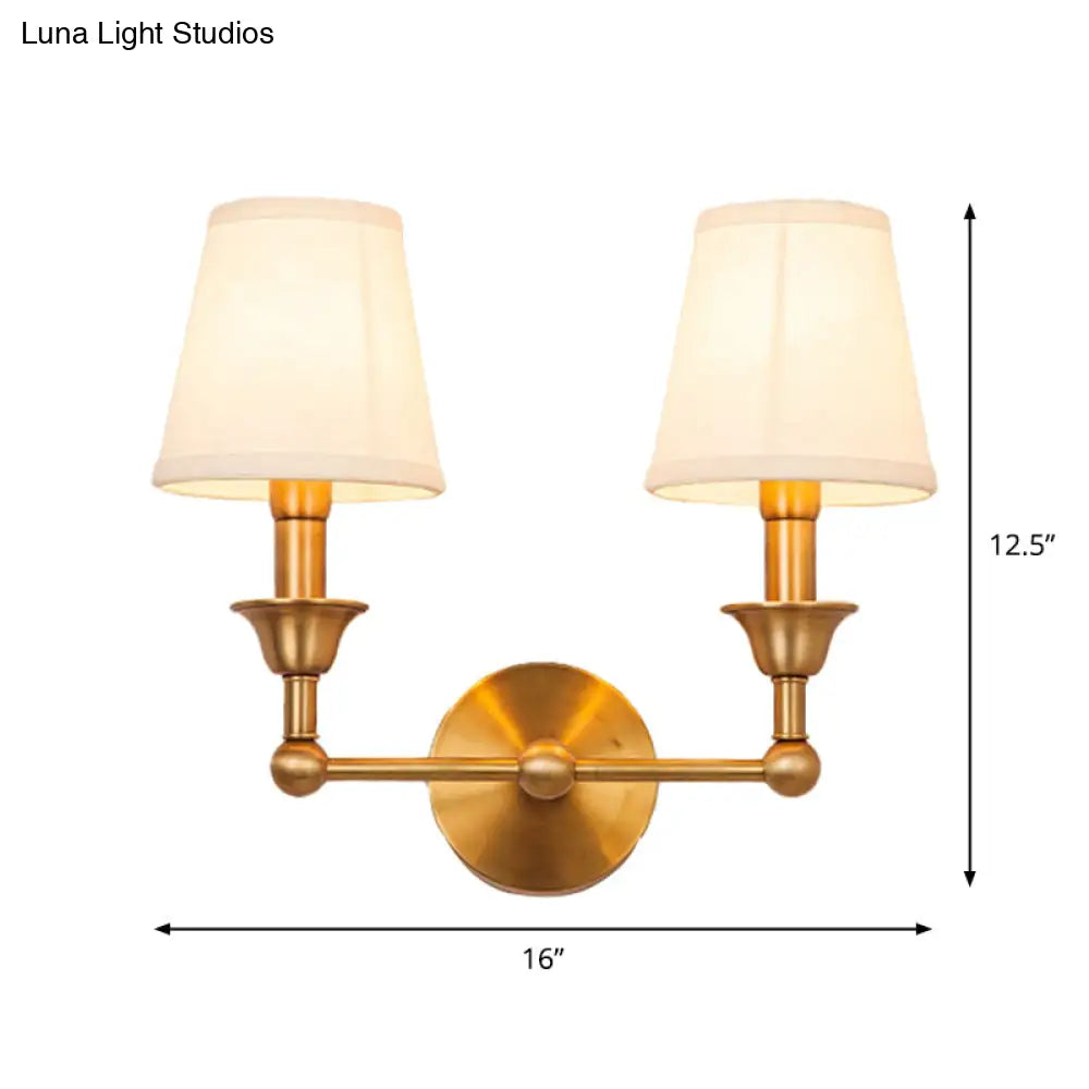Antiqued Gold Traditional Cone Wall Lamp - 1/2-Bulb Fabric Mount Light Fixture