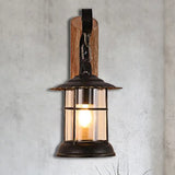 Antiqued Kerosene Wall Sconce With Clear Glass And Wood Leaf/Key Backplate For Dining Room Lighting