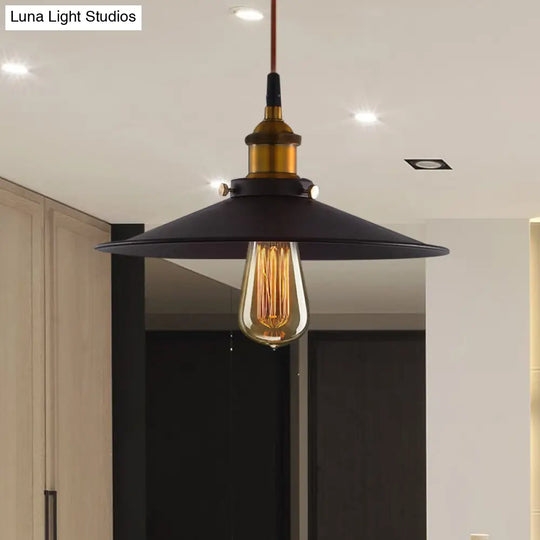 Antiqued Metal Pendant Light With Flare Design - 1 Pulley Hanging Ceiling Lamp In Black