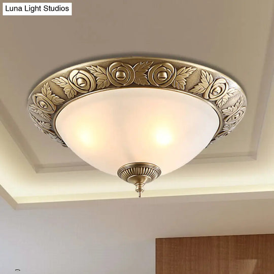 Antiqued Milky Glass Bedroom Ceiling Light With Brass Flush Mount - 2/3-Head Available In 12 16 And