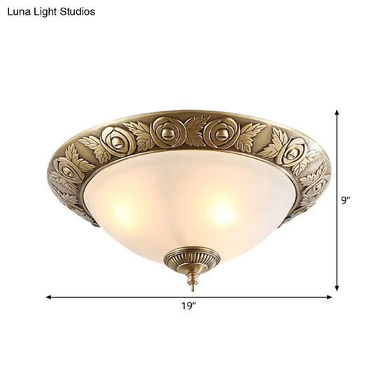 Antiqued Milky Glass Bedroom Ceiling Light With Brass Flush Mount - 2/3 - Head Available In 12’