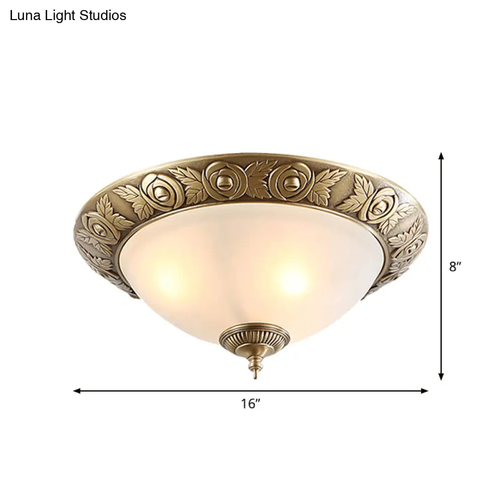 Antiqued Milky Glass Bedroom Ceiling Light With Brass Flush Mount - 2/3-Head Available In 12 16 And
