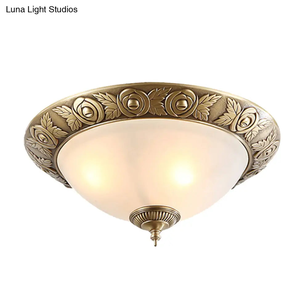 Antiqued Milky Glass Bedroom Ceiling Light With Brass Flush Mount - 2/3-Head Available In 12 16 And