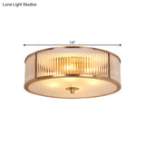 Antiqued Opaline Glass Fluted Drum Flush Mount Ceiling Light With Brass Accents - 3 Heads For