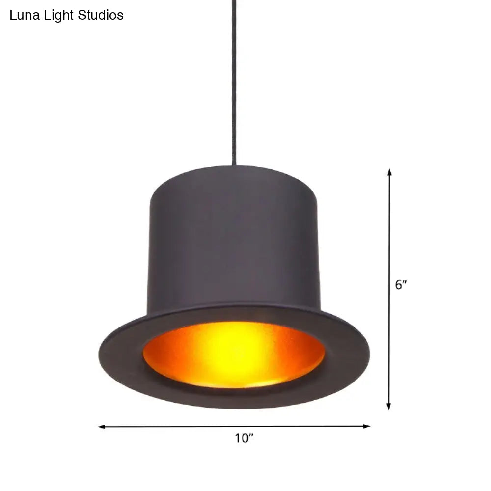 Antiqued Pendant Dining Room Ceiling Light With Hat-Shaped Metallic Shade - Black