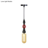 Antiqued Pipe Metal Led Ceiling Light With Amber Glass Shade - Black