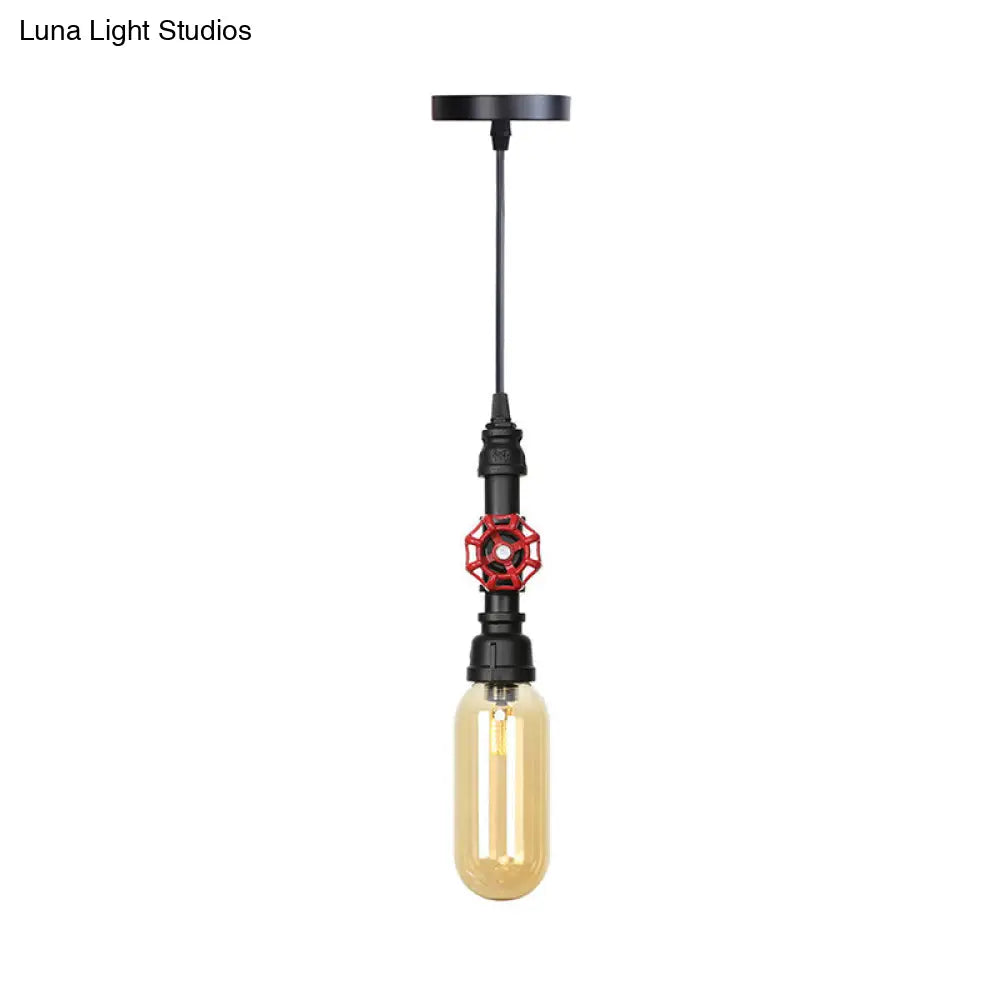 Antiqued Pipe Metal Led Ceiling Light With Amber Glass Shade - Black