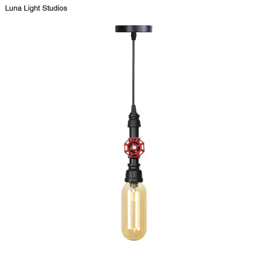 Antiqued Pipe Metal Led Ceiling Light With Amber Glass Shade - Black