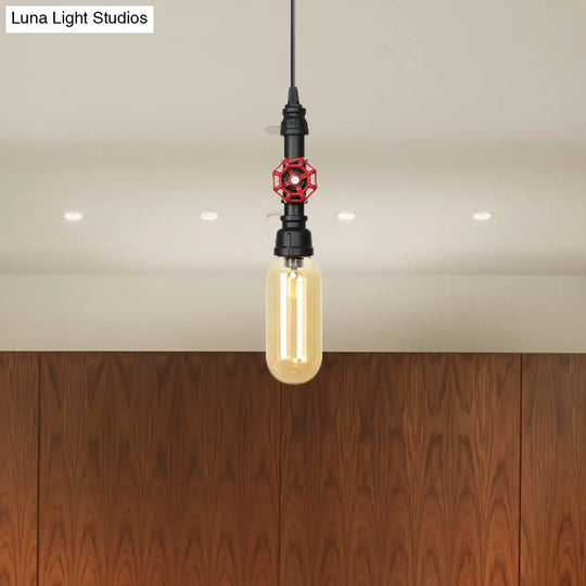 Antiqued Pipe Metal Led Ceiling Light With Amber Glass Shade - Black