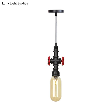 Antiqued Pipe Metal Led Ceiling Light With Amber Glass Shade - Black
