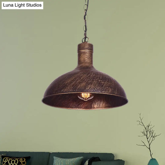 Antiqued Rust Finish Iron Dome 1-Head Suspension Light For Kitchen Ceiling - 12’/16’ Width / 12’