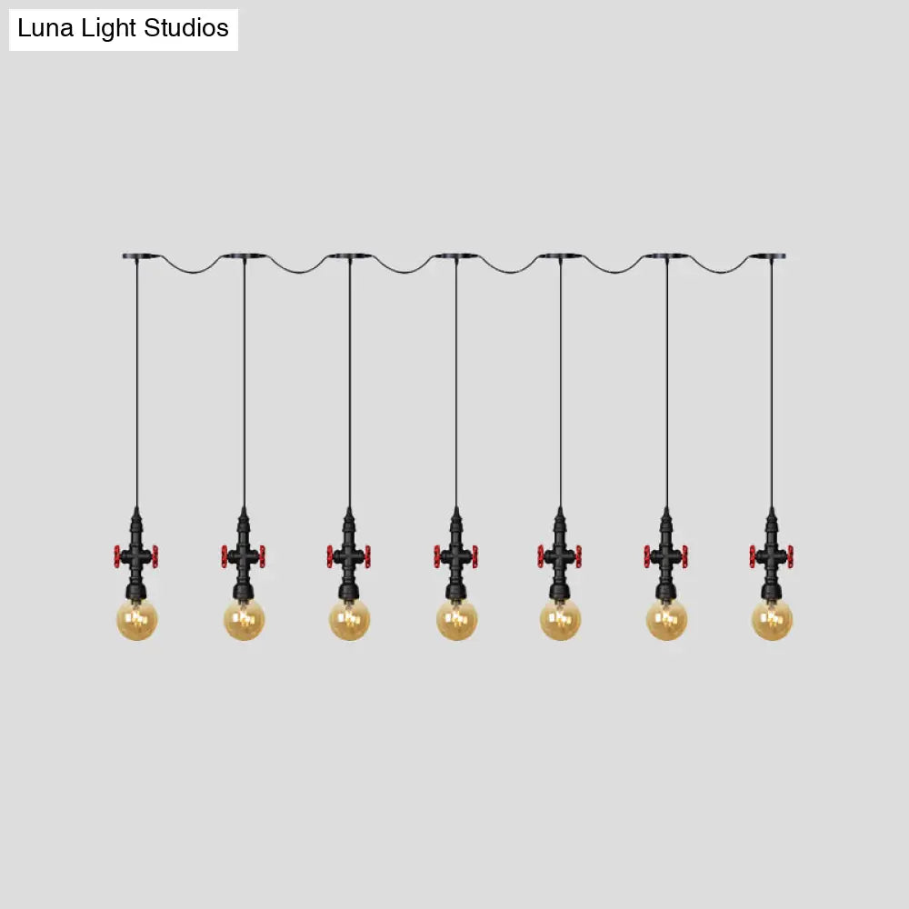 Antiqued Sphere Chandelier With Led Lights - 3/5/7-Bulb Amber Glass Pendant In Black