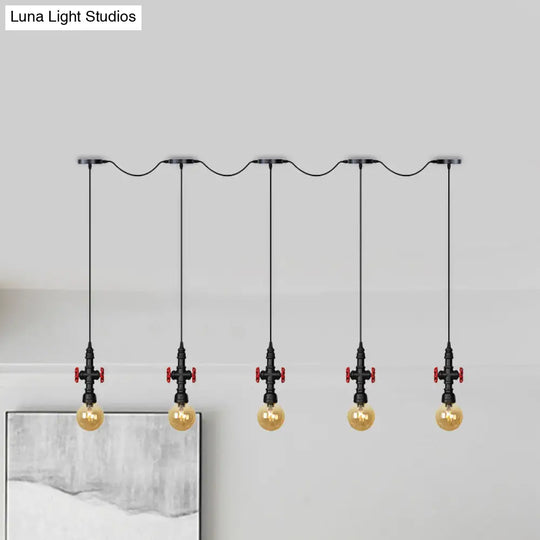 Antiqued Sphere Chandelier With Led Lights - 3/5/7-Bulb Amber Glass Pendant In Black