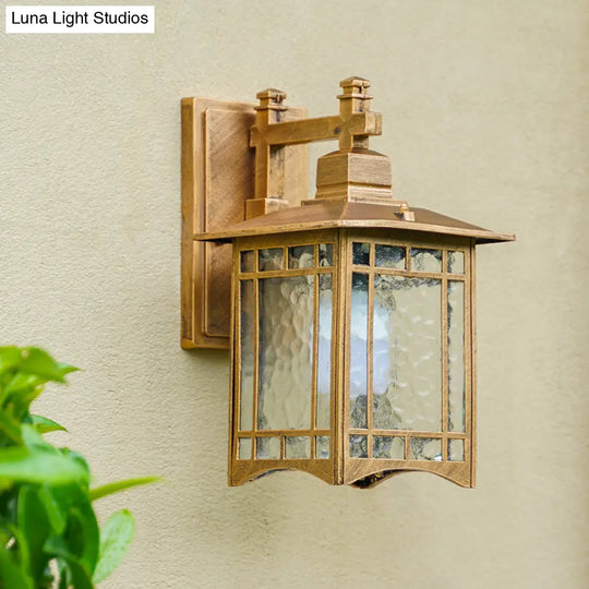 Antiqued Water Glass Rectangle Garden Wall Light - 1 Bulb Black/Brass Sconce Fixture
