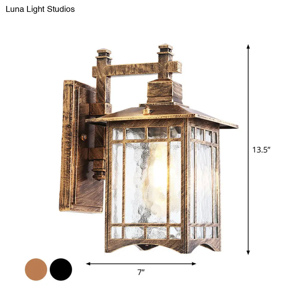 Antiqued Water Glass Rectangle Garden Wall Light - 1 Bulb Black/Brass Sconce Fixture