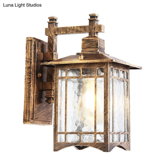 Antiqued Water Glass Rectangle Garden Wall Light - 1 Bulb Black/Brass Sconce Fixture