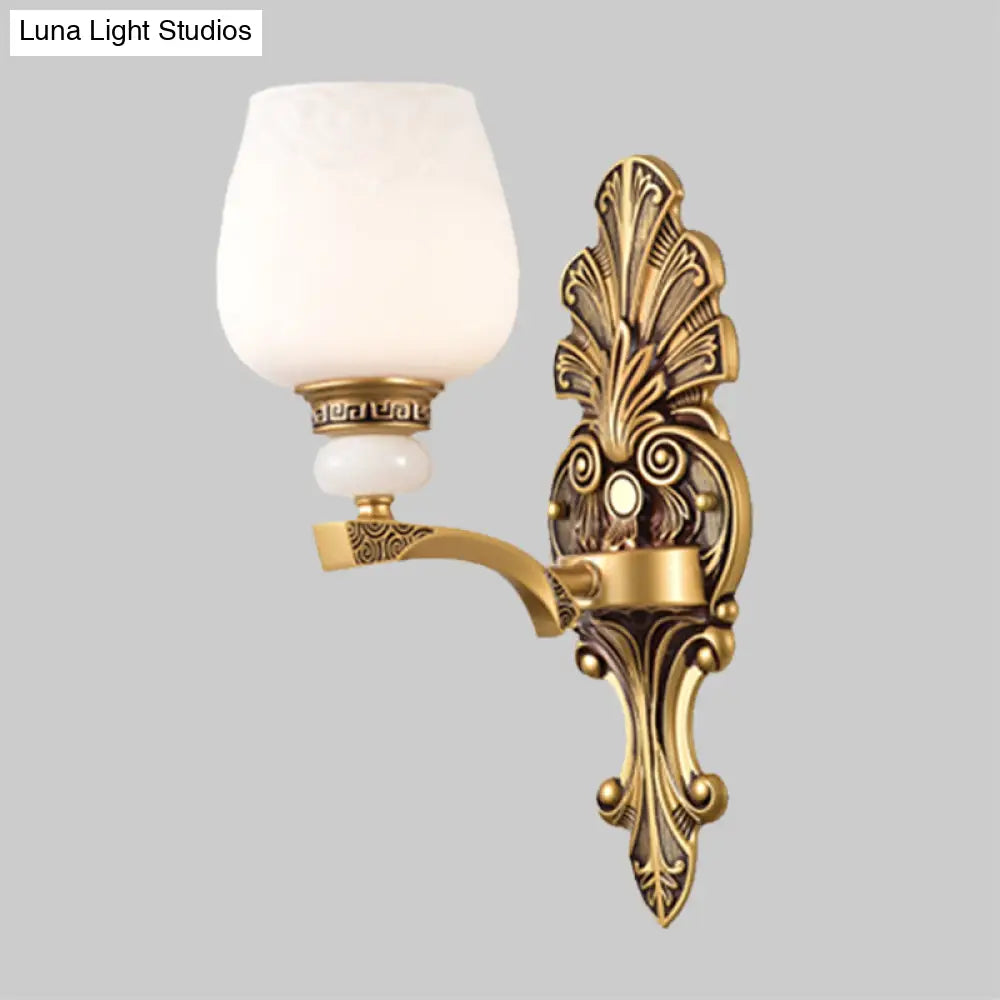 Antiqued White Glass Cup Wall Sconce - Brass 1/2 Heads Mount Lamp For Bedroom Lighting