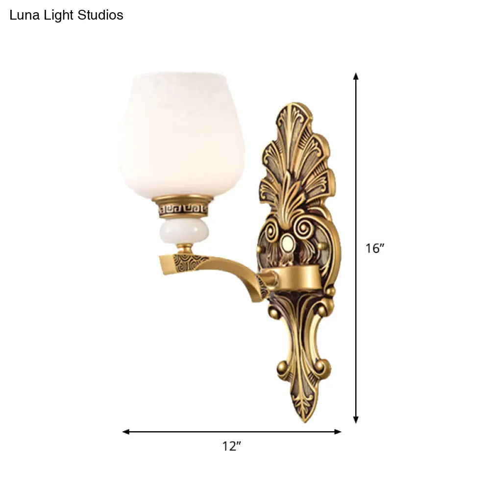 Antiqued White Glass Cup Wall Sconce - Brass 1/2 Heads Mount Lamp For Bedroom Lighting