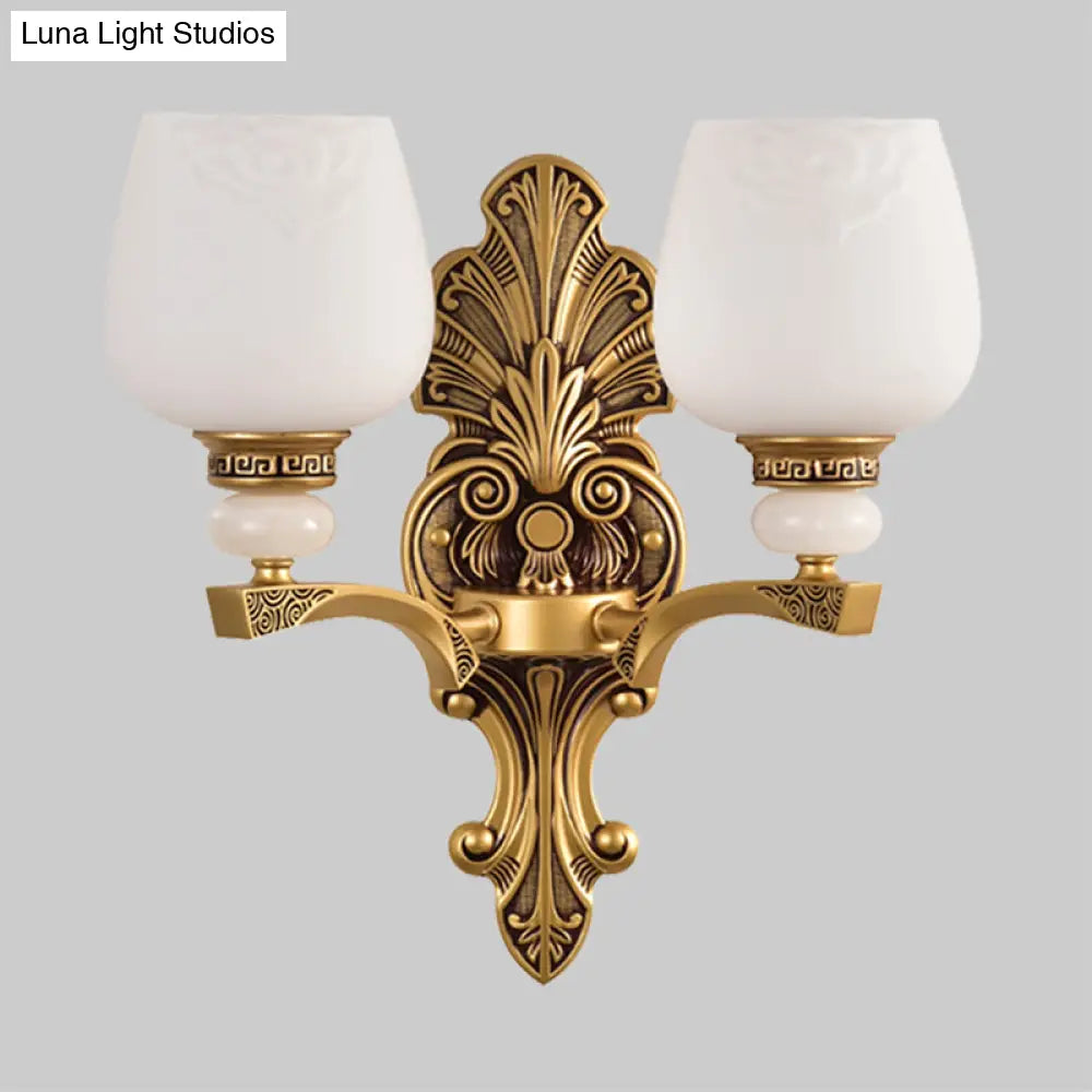 Antiqued White Glass Cup Wall Sconce - Brass 1/2 Heads Mount Lamp For Bedroom Lighting