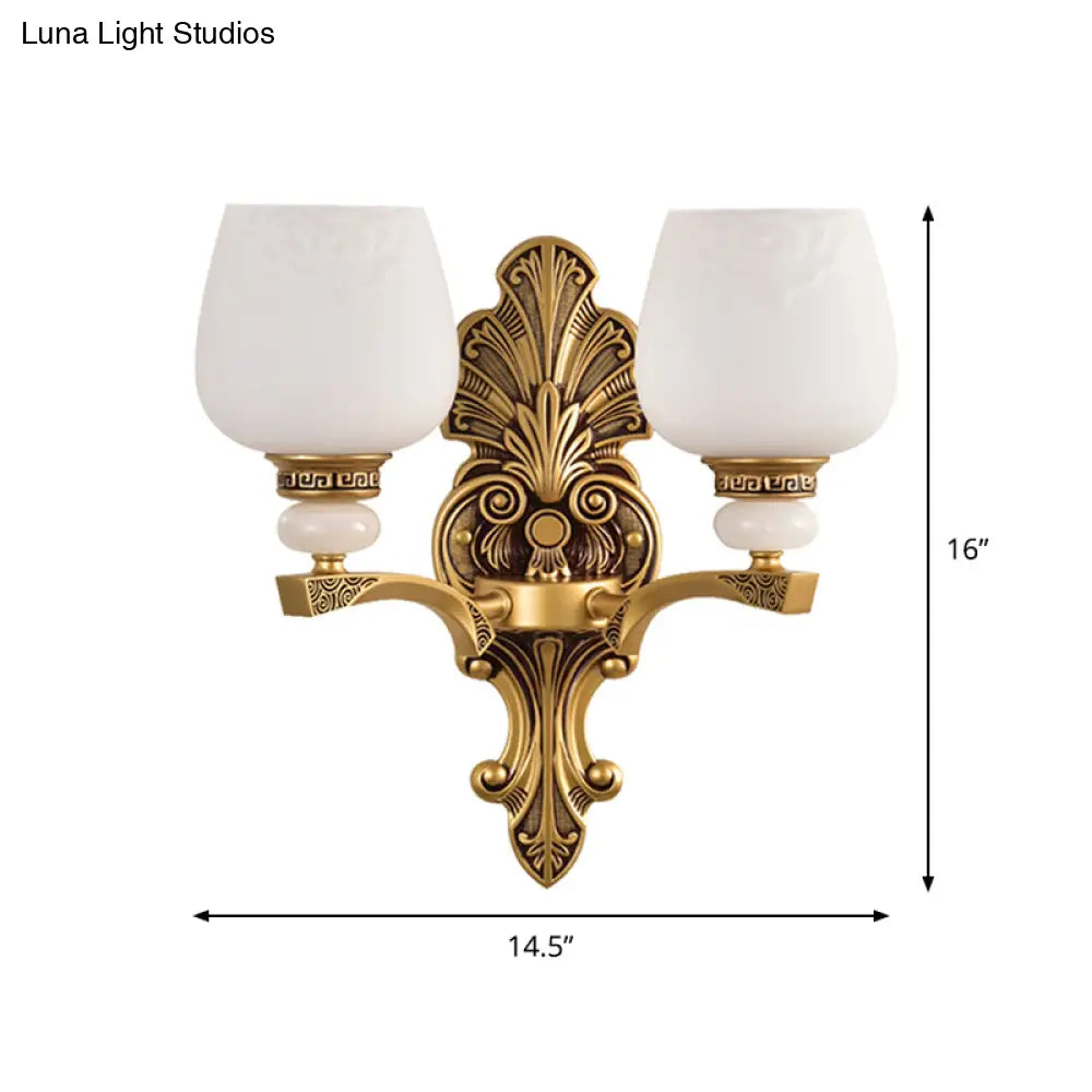 Antiqued White Glass Cup Wall Sconce - Brass 1/2 Heads Mount Lamp For Bedroom Lighting
