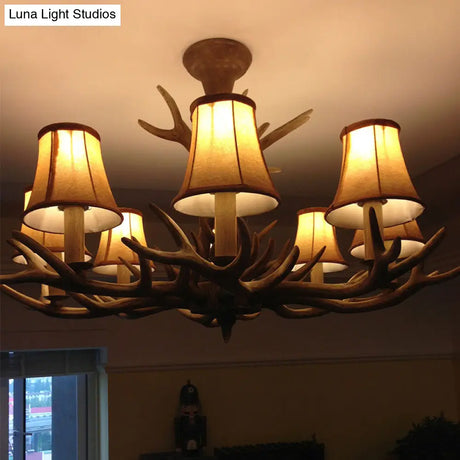 Antler Ceiling Light Fixture With Resin Shade - Traditional Chandelier For Living Room In Brown