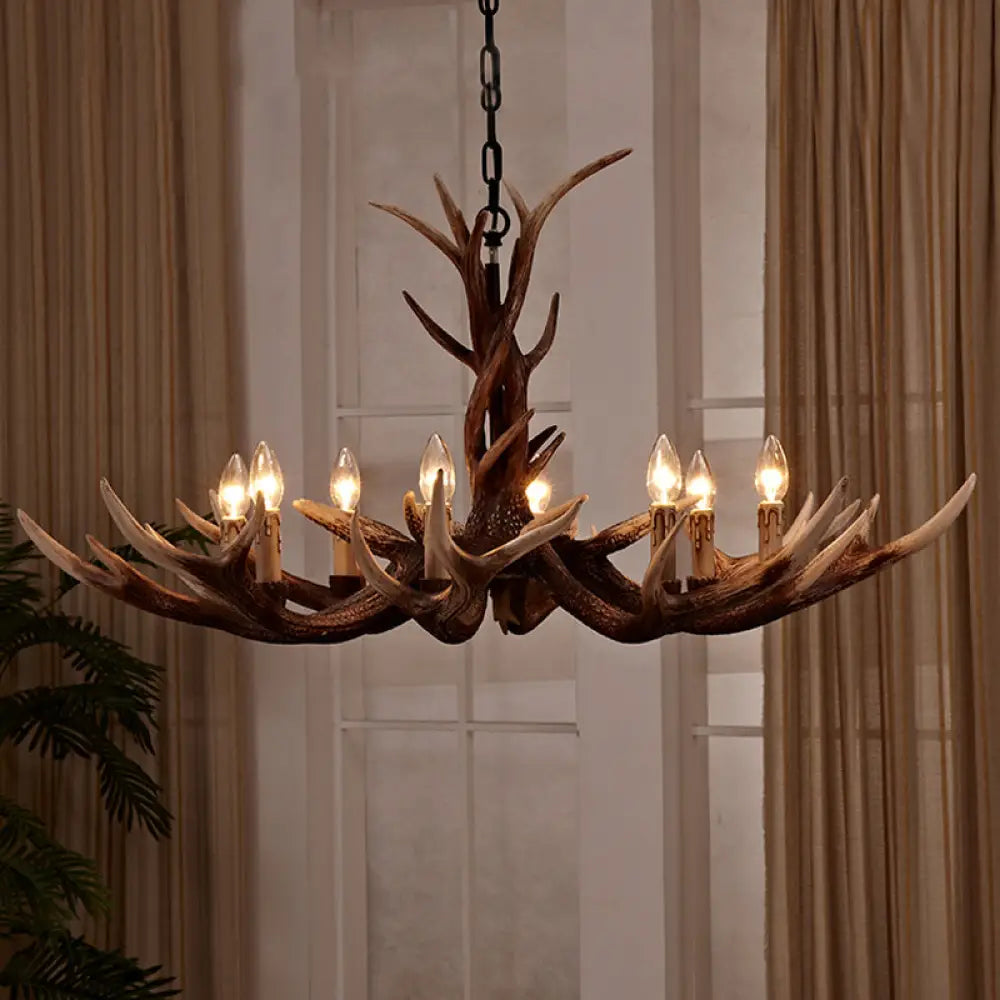 Antler Chandelier: Resin Countryside Living Room Lighting 8 / Brown
