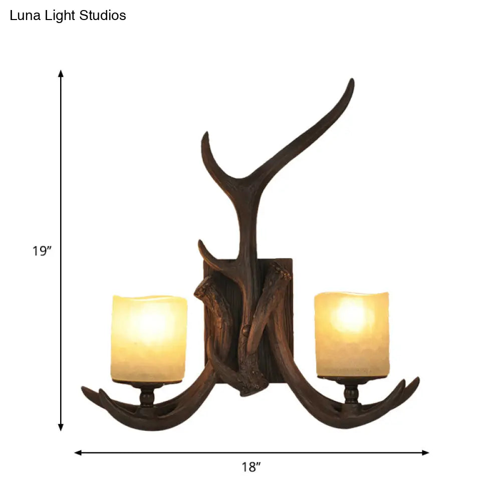 Antler Design 2-Head Wall Sconce With Countryside Brown Glass Rustic Lighting Solution