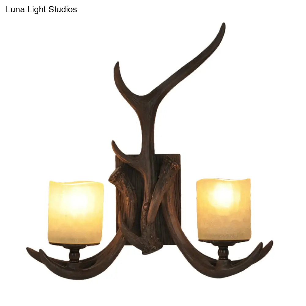 Antler Design 2-Head Wall Sconce With Countryside Brown Glass Rustic Lighting Solution