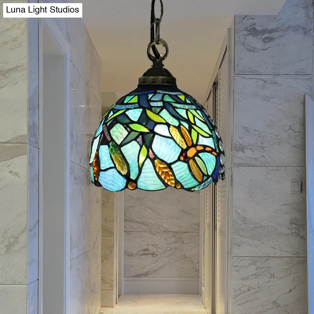 Aqua Hand-Cut Glass Dragonfly Pendant Light - Mediterranean Domed Hanging Lamp