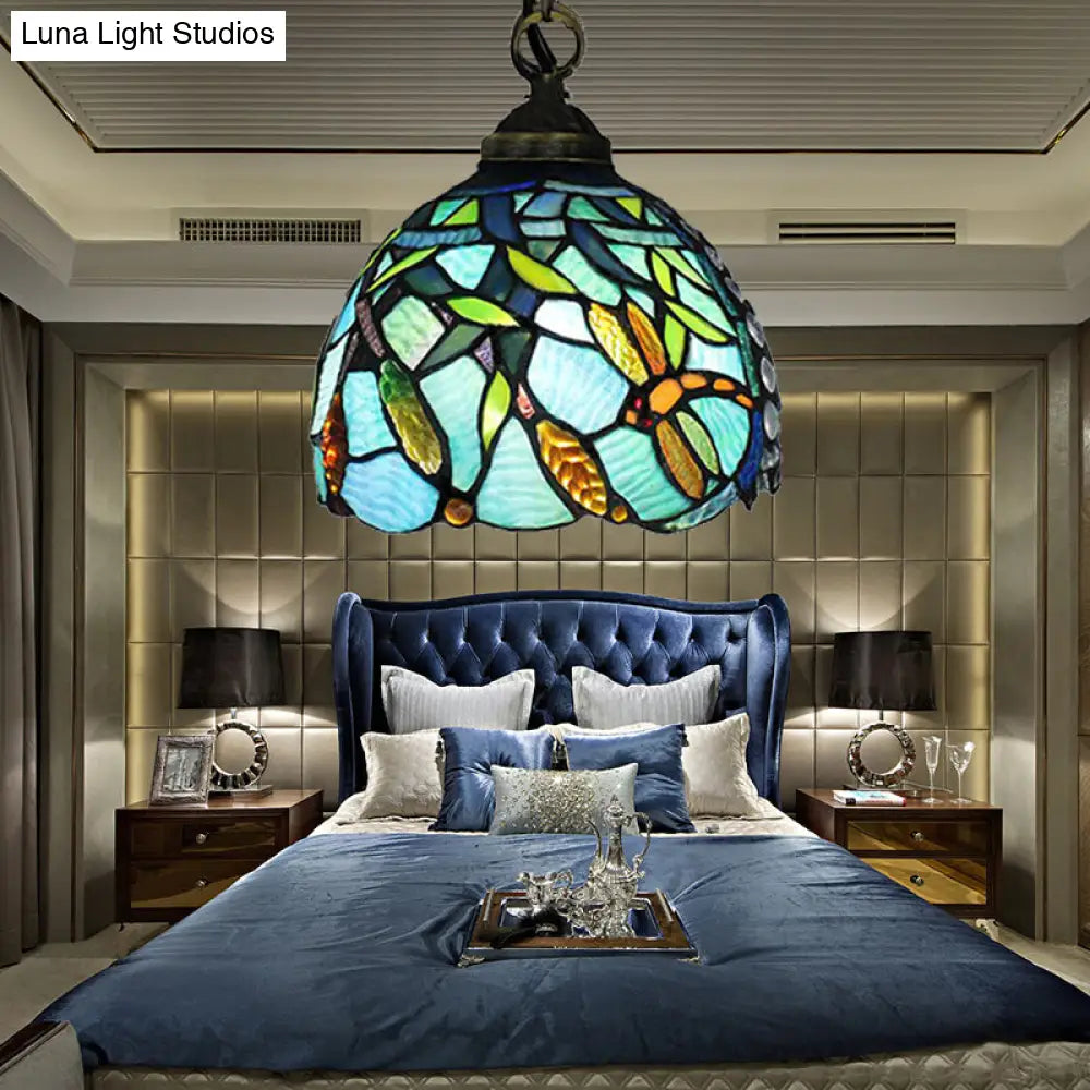 Aqua Hand-Cut Glass Dragonfly Pendant Light - Mediterranean Domed Hanging Lamp