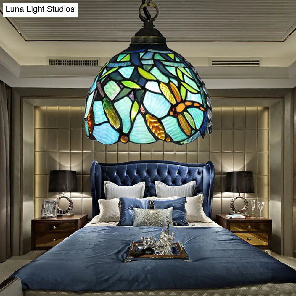 Aqua Hand Cut Glass Domed Hanging Lamp With Dragonfly Pattern - Mediterranean Pendant Light
