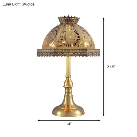 Art Deco Brass Dome Table Lamp - Metallic 1 Head Nightstand With Hollowed Out Design For Living Room