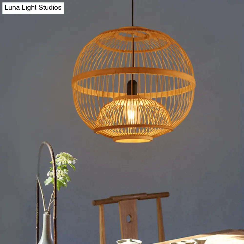 Art Deco Circle Bamboo Pendant Light - Beige Dining Room Fixture