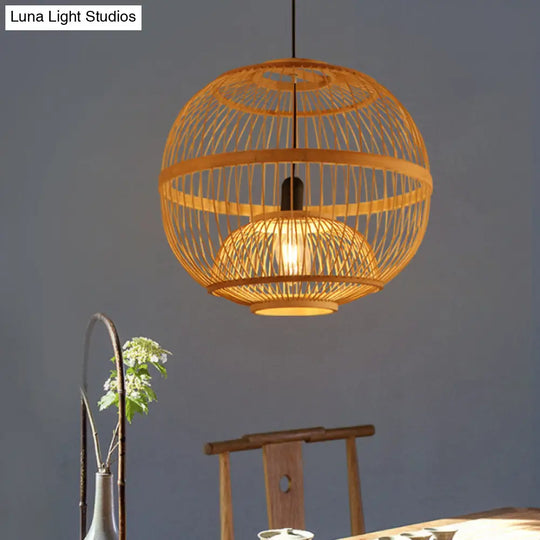 Art Deco Circle Bamboo Pendant Light - Beige Dining Room Fixture