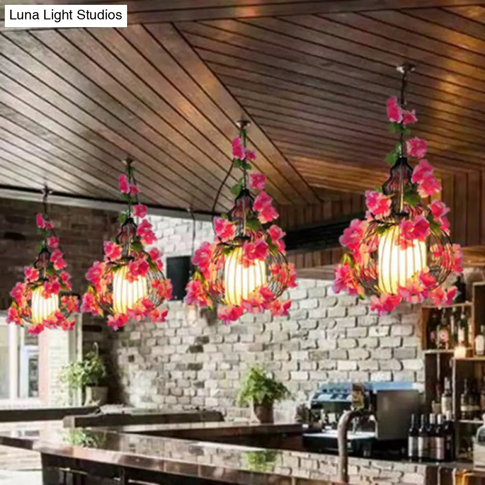 Art Deco Flower Pendant Light With Metal Cage - Single-Bulb Hanging Fixture Pink / 12