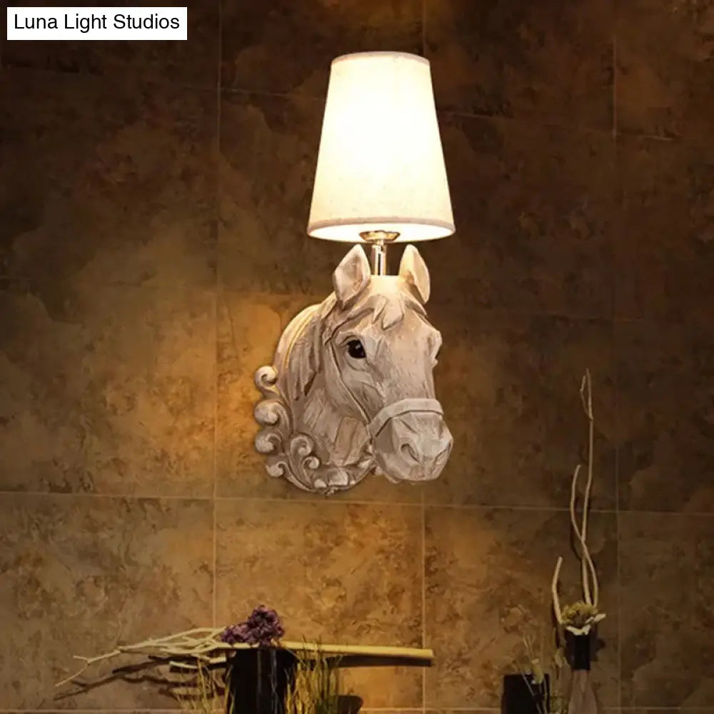 Art Deco Horse Head Wall Sconce 1-Light Restaurant Mounted Light - Brown Resin With Cone Shade