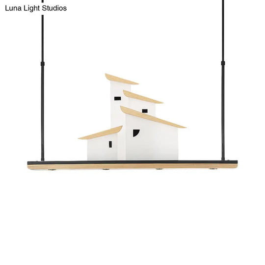 Art Deco Island Pendant Ceiling Light Led Metal Fixture In White With Wood Bracket - Warm/White