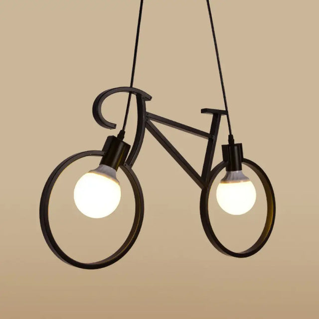 Art Deco Metallic Bicycle Bedroom Pendant Light - 2 Bulbs Suspended Lighting Fixture Black