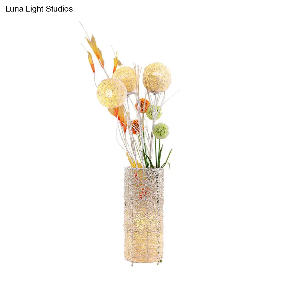 Art Deco Rattan Floor Lamp With Beige Flower Vase Design - Perfect For Living Room Lighting
