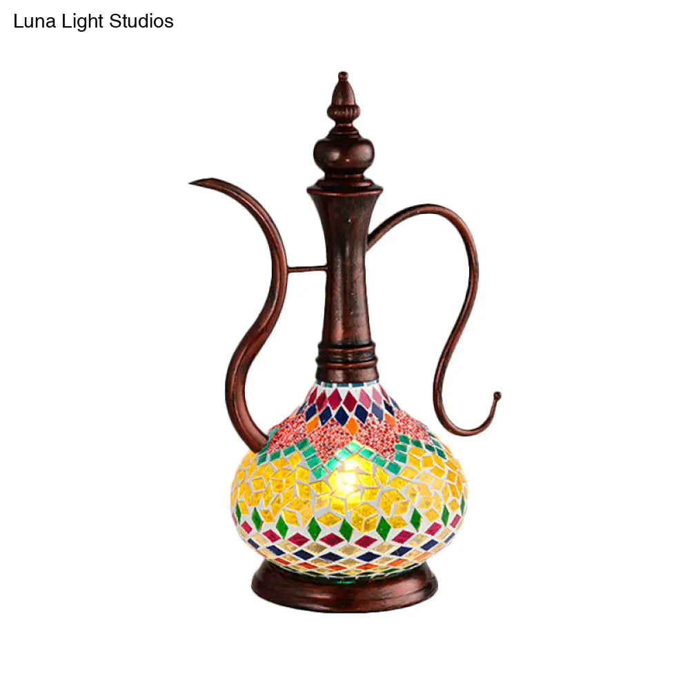 Art Deco Yellow Stained Glass Teapot Bedroom Table Lamp With 1 Light And Copper Night