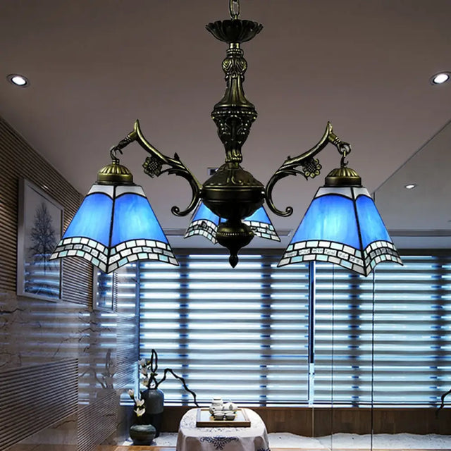 Art Glass Tiffany Chandelier - 3-Light Fixture For Dining Room Blue