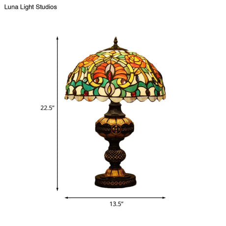 Art Glass Victorian Desk Lamp With Stained Beige/Orange Bowl Shade - Elegant Flower Night Table