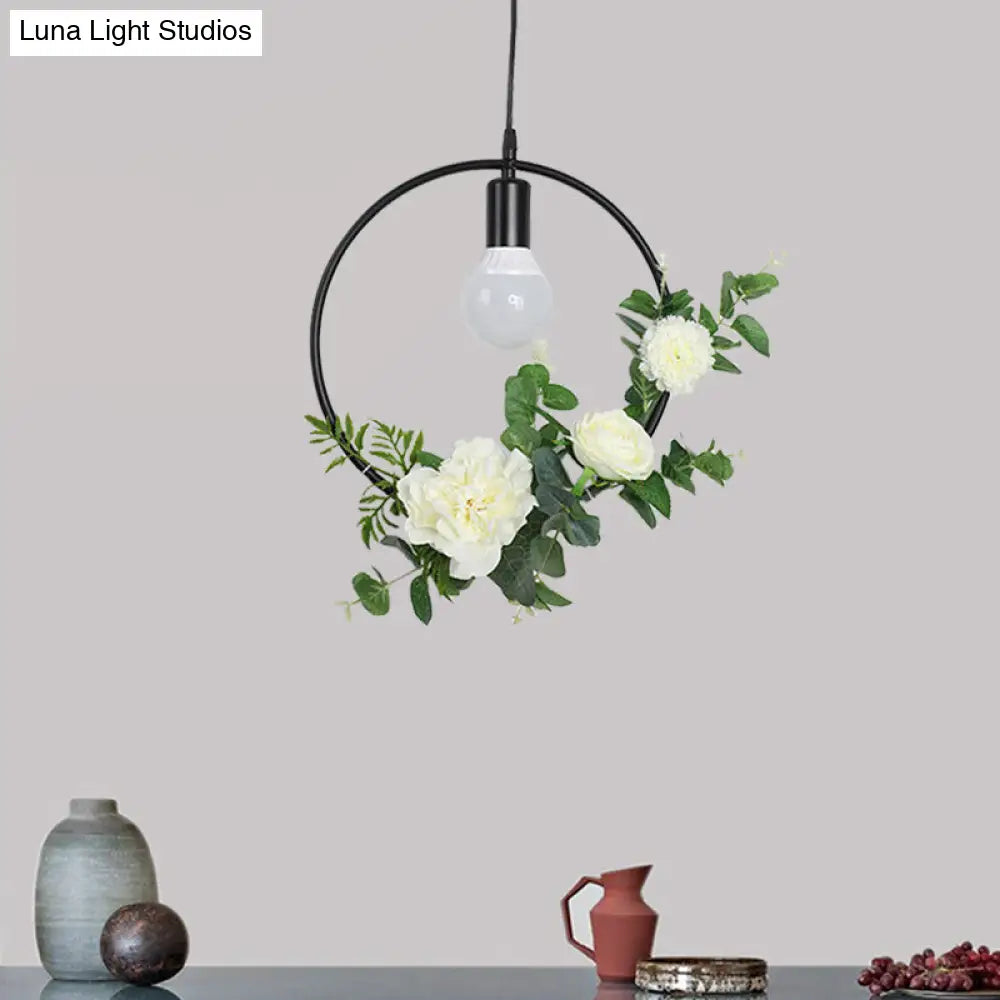 1 Bulb Artificial Flower Ceiling Pendant: Triangle/Round/Square Frame Loft Style Black Iron Down