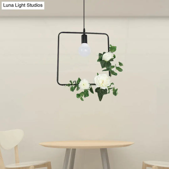 1 Bulb Artificial Flower Ceiling Pendant: Triangle/Round/Square Frame Loft Style Black Iron Down