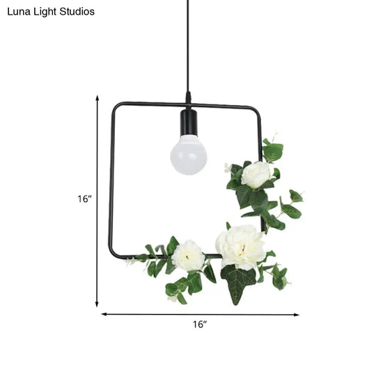 1 Bulb Artificial Flower Ceiling Pendant: Triangle/Round/Square Frame Loft Style Black Iron Down