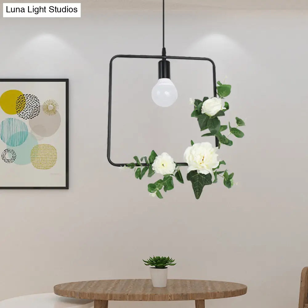 1 Bulb Artificial Flower Ceiling Pendant: Triangle/Round/Square Frame Loft Style Black Iron Down