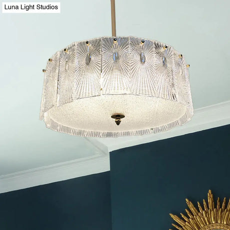Artistic Clear Carved Glass Chandelier Light - Gold Drum Suspension For Dining Room