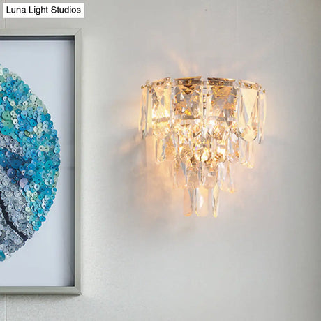 Artistic Crystal Tiered Wall Lamp - Elegant Brass 3-Head Light Fixture For Living Room