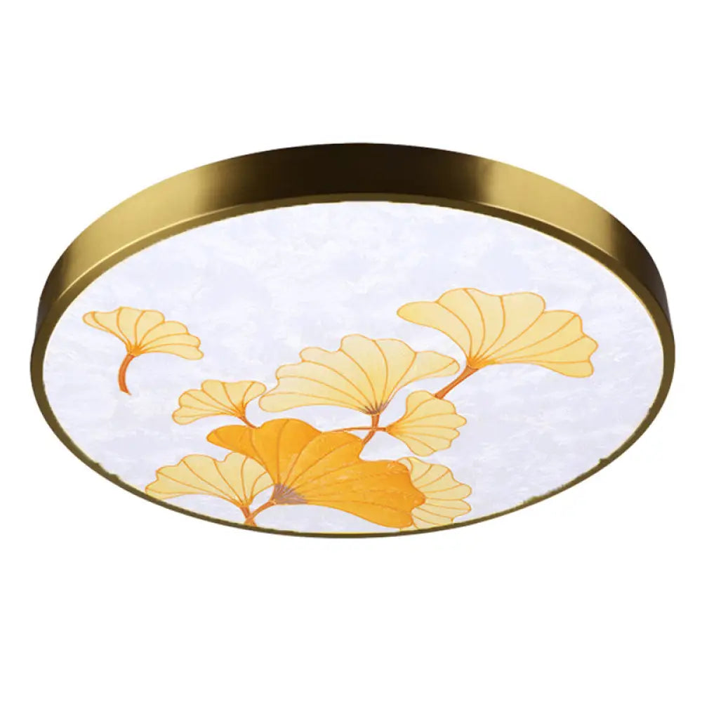 Artistic Hand-Painted Glass Flush Light: Minimalist Led Ceiling Lighting For Bedroom Brass / Leaf