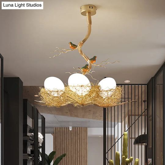 Artistry Milk White Glass Ball Chandelier Pendant 1/2/3-Light Golden Hanging Lamp With Birds And